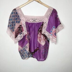 New Ya Da Silk Cotton Blend Pink Purple Floral Lace Trim Boho Top Womens Small